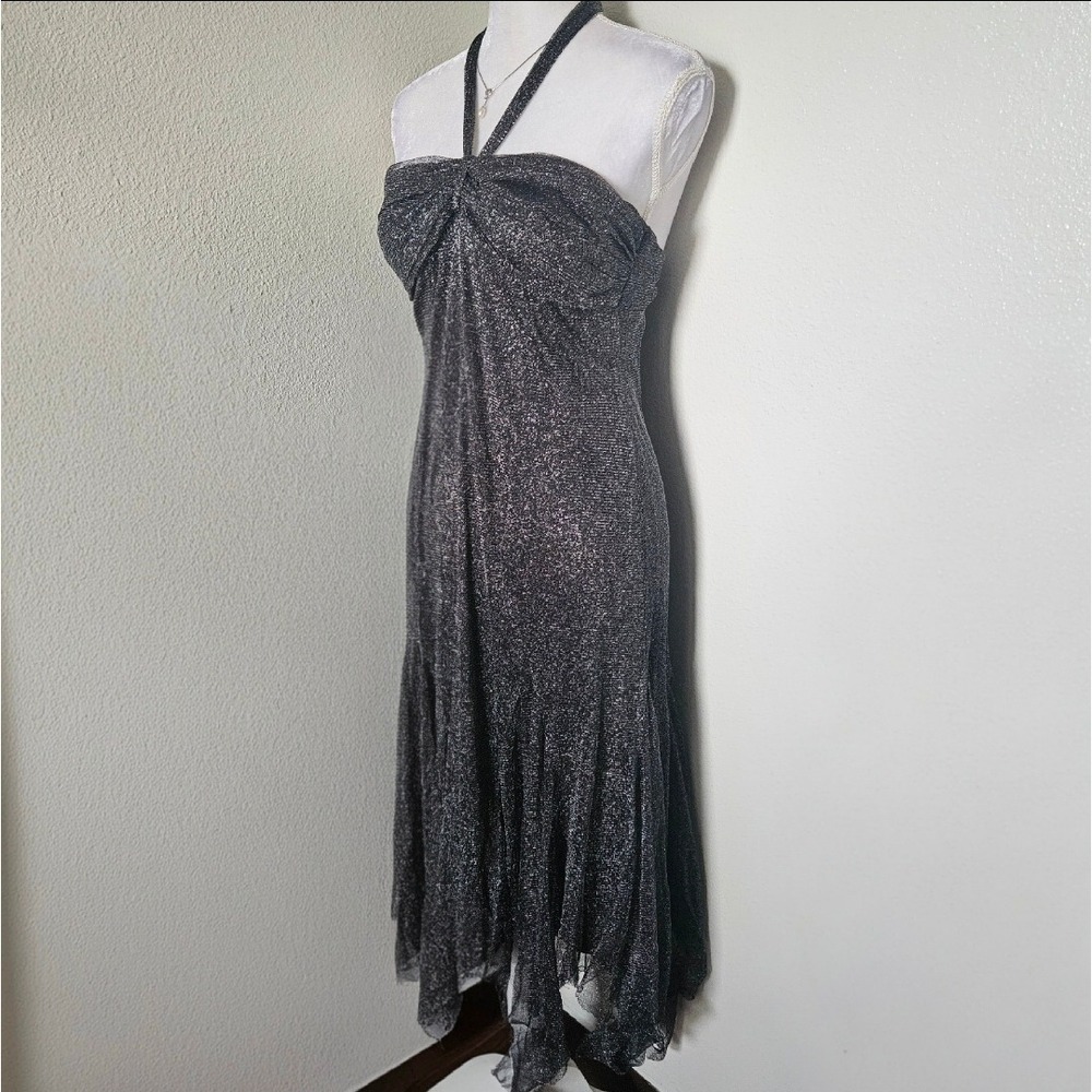 Niki by Niki Livas Silver Metallic Halter Handkerchief Hem Dress